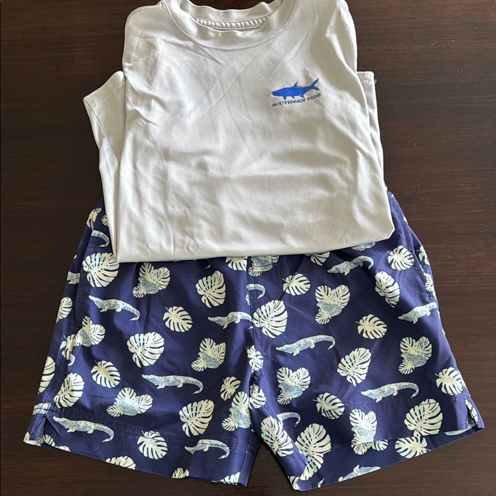 Kids swim trunk with long sleeve rash guard - silver and Blue